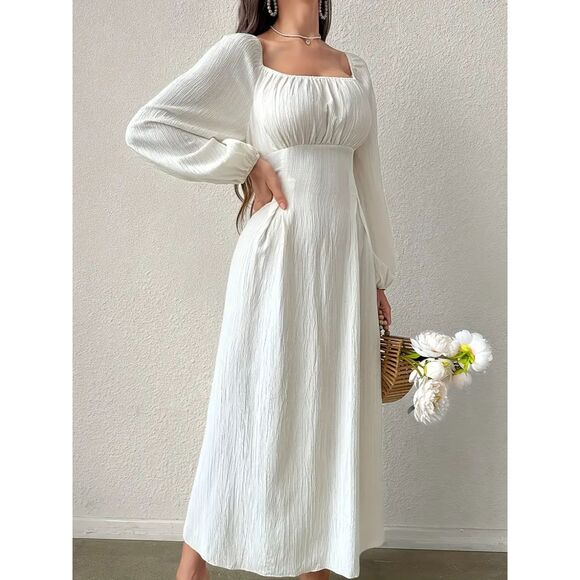 Size 12 Midi Dress Semi-Sheer Cross Tie Lantern Sleeve Drawstring Waist White - Picture 5 of 6